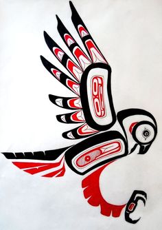 a drawing of a bird with red, black and white designs on it's wings