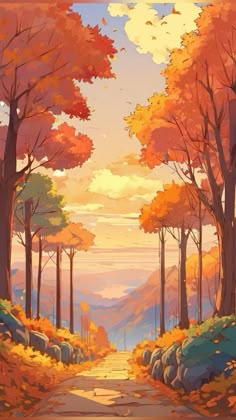 a painting of an autumn landscape with trees