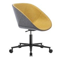 a grey and yellow office chair with wheels on the back, viewed from the front