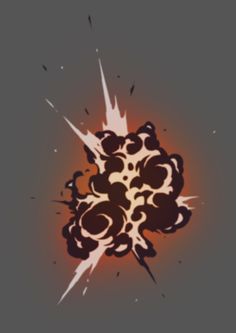 an orange and black explosion is in the middle of a gray background with white dots