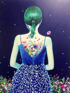 a painting of a woman in a blue dress with flowers on her back, looking at the stars