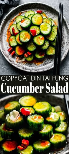 cucumber salad on a plate with chopsticks