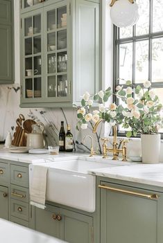 Sage Green Kitchen Ideas, Green Country Kitchen, Green Kitchen Ideas, Sage Kitchen, Sage Green Kitchen, Bring Nature Indoors, Green Kitchen Cabinets, Dream Kitchens Design, Flat Panel Cabinets