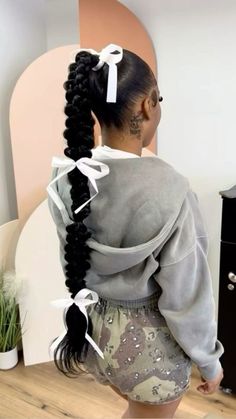 One Braids Ponytail, Plaited Ponytail Hairstyles, Cute Black Ponytail Hairstyles, Two Braids To Ponytail, Bow Ponytail Black Women, Zig Zag Middle Part Ponytail, Highlight Ponytail Black Women, Bow On Ponytail, Slick Back Short Ponytail