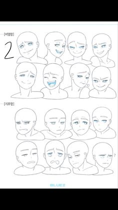 an animation character's face with different facial expressions and head shapes, including the eyes