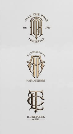 three different types of monogramic logos in gold and silver on white paper with black lettering