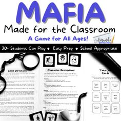 Mafia is officially school appropriate with this game set that up to 45 students (of all ages) can play! This game is great for community building in any class subject area, and especially Drama and Theater Arts! Here's what you get with this fun game: Clear and concise game play directions for the teacher and students Character descriptions45 unique printable character cardsDirections for how to print and how to play without printing 33 school appropriate "take out" cards (this is how the mafia Mafia Game Cards, Games To Play With Students, Mafia Game, Teaching Classroom Management, Classic Card Games, Classroom Makeover, Class Games, Bible Study For Kids, Fun Activities To Do