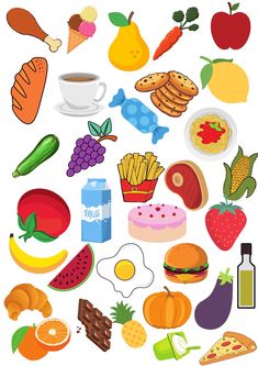 an assortment of food and drinks on a white background