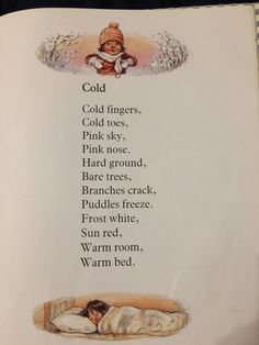 an open children's book with pictures of babies in bed and the words cold fingers, cold toes, pink nose, hard nose