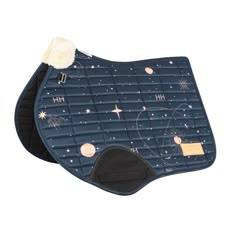 a blue saddle pad with stars and planets on the front, and a white pom - pom in the center