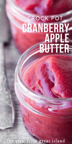 cranberry apple butter in a glass jar with the text crock pot cranberry apple butter