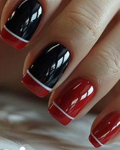 Nail Designs With Red Polish, French Red Nails Ideas, Nails Inspiration Red And Black, Red And Black French Tip Nails, Black And Red Nails, Red French Tip Nails, Red French Tips, Red French Tip