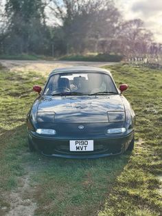 a black sports car parked in the grass