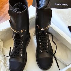 This Listing Is For A Pair Of Authentic New + Unworn Boots In Perfect Condition. Also In A Hard To Find Size! I Purchased Them For Myself But Never Had An Occasion To Use Them. They Belong With You So Please Enjoy Them! Aw 2022 Chanel Lace Up Combat Boots Size 37 Us / 37 Eu / Tts / Bit Narrow Toe Box Style#: G37808 Y5604435 Material: Calfskin & Lambskin ______________________________________ Design Points: Chanel Gold Metal Letter Logo Laces Go Up To Ankles, Made Of Sturdy Waxed Coated Cotton La Luxury Round Toe Boots With Branded Insole, Luxury Boots With Round Toe, Designer Calf Leather Boots With Flat Heel, Designer Boots With Reinforced Heel And Medium Fit, Luxury High-top Boots With Branded Heel Counter, Luxury Calf Leather Boots With Flat Heel, Designer Flat Heel Boots For Work, Chanel Combat Boots, Lace Combat Boots