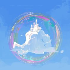 a soap bubble with a castle in the sky and clouds inside it, as seen from below