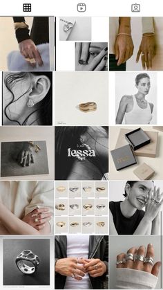 a collage of photos with rings and jewelry on it's sides, including two hands