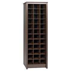 a tall bookcase with many compartments on the front and bottom shelves in dark brown