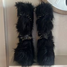 Brand New New Without Box Size 5m Retail Price $235 It’s Sold Out Collection Item Faux Fur Vegan Leather Belt With Spiked Detailing, Platform Wedgess Pull On Black Below Knees Heel Height 6" Heel Platform Height 3" Platform Furr Boots, City Core, Fur Skirt, Dolls Kill Shoes, Faux Fur Boots, Fur Boots, Mall Goth, Dream Shoes, Birthday Bash