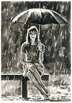 a drawing of a woman sitting on a bench in the rain with an umbrella over her head