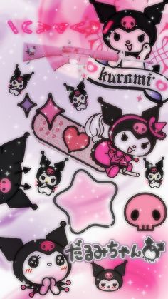 an assortment of stickers on a white background with pink and purple colors, including cats