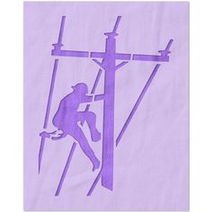 a man climbing up the side of a purple cross on top of a wooden pole