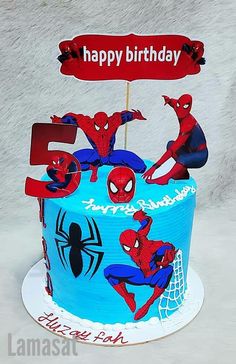 a birthday cake with spiderman decorations on it