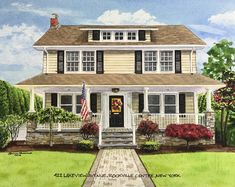 a painting of a house with an american flag on the front door