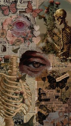 a collage of images with flowers and skeletons on them, including an image of a woman's face