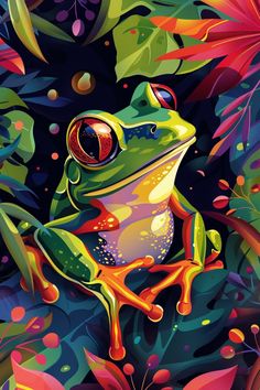 a painting of a frog sitting on top of leaves