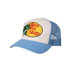 the bass pro shops trucker hat is blue and white