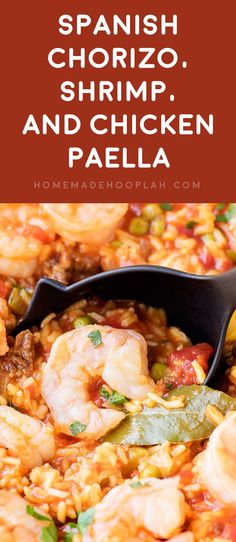 spanish shrimp and chicken paella recipe in a skillet with the title above it