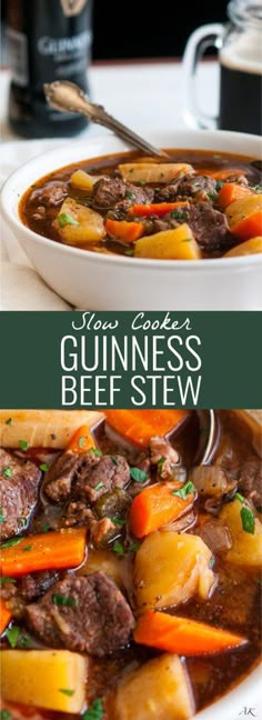 guinness beef stew with carrots and potatoes in a white bowl