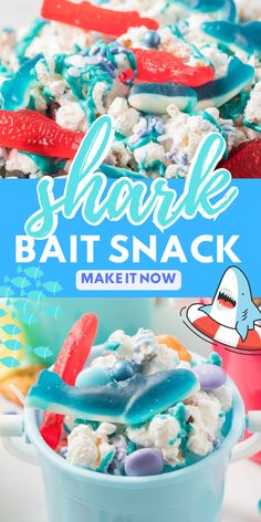 a bowl filled with marshmallows and shark snacks