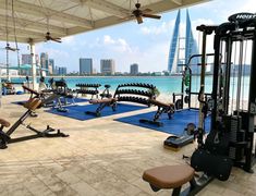 there are many exercise equipment in the gym area by the water and skyscrapers behind them