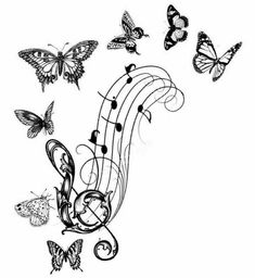 a music note with butterflies flying around it