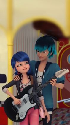 two cartoon characters are holding guitars and posing for the camera