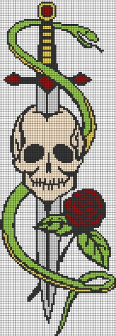 a cross stitch pattern with a skeleton holding a rose