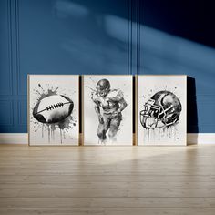 three canvases with football images on them in front of a blue wall and wooden floor