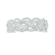 1/15 CT. T.W. Diamond Braid Vintage-Style Ring in 10K White Gold | Online Exclusives | Collections | Zales Christian Wedding Rings, Knot Diamond Ring, Braided Diamond Ring, Filigree Diamond Ring, Filigree Wedding Ring, Vintage Diamond Wedding Bands, Viking Wedding, Filigree Engagement Ring