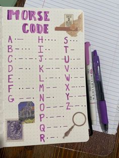 a notepad with writing on it that says horse code and has purple letters in the middle