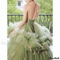 Olivia Mark - Green Evening Dress with Spaghetti Straps, Princess Ball Gown Silhouette, and Delicate Wedding Lace Sage Green Ball Gown, Ball Gown Silhouette, Evening Dress Plus Size, Simple Satin Wedding Dress, Gown Silhouette, Green Evening Gowns, Nontraditional Wedding Dress, Antoinette Dress, Tiered Tulle Skirt