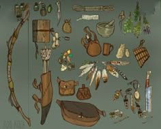 various items are arranged on a gray background, including an arrow and some other things