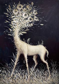 a painting of a white deer standing in the grass