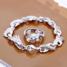 Cool 925Sterling Silver Dragon Men Chain Bracelet Ring Set Gs094 Silver Metal Jewelry Gift, Sterling Silver Bracelet Jewelry Gift, Silver Round Bracelets Suitable For Gifts, Silver Round Bracelet Suitable For Gifting, Silver Round Bracelet, China Dragon, Men Chain, Tiffany And Co Jewelry, Mens Valentines Gifts