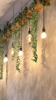 several lights hanging from the ceiling with plants growing on them and some light bulbs in front of them