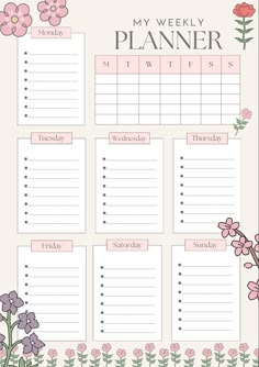 a printable planner with pink flowers on it and the words, my weekly planner