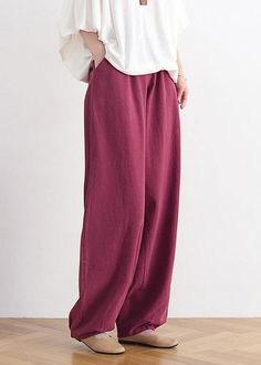 Boho High Waist Red Wide Leg Linen PantsFabric: Cotton 45%, Linen 55%Size & Fit: This garment fits true to size.Length: Size 3XL measures 37.83"from waist to hem.Waist:Fitted - elastic waist allows stretch Hip: Loosely Fitted. room for hips. Hand Wash Cold. Red Non-stretch Wide Leg Pants With Pockets, Casual Burgundy Wide-leg Pants, Burgundy Wide Leg Bottoms For Spring, Burgundy Wide-leg Bottoms For Spring, Red Non-stretch Casual Harem Pants, Casual Burgundy Cotton Pants, Red Baggy Wide-leg Pants, Baggy Red Wide-leg Pants, Burgundy Cotton Wide Leg Pants