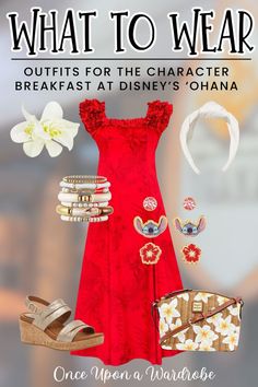 a red dress with white flowers on it and other accessories in front of the caption that says, what to wear outfits for the character breakfast at disney's ohana