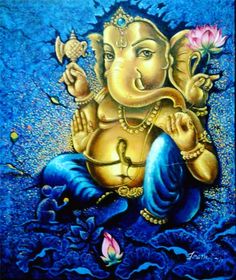 a painting of an elephant sitting on top of a body of water with flowers in its mouth