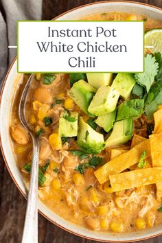 instant pot white chicken chili with avocado and cilantro in a bowl